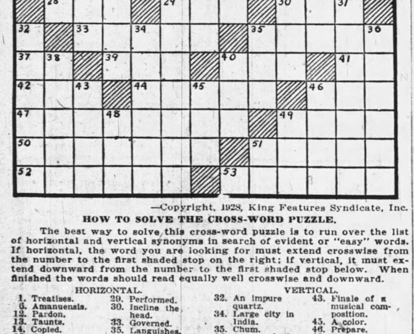 1928 The Year In Crosswords 1 Of 2 T Campbell s Grid