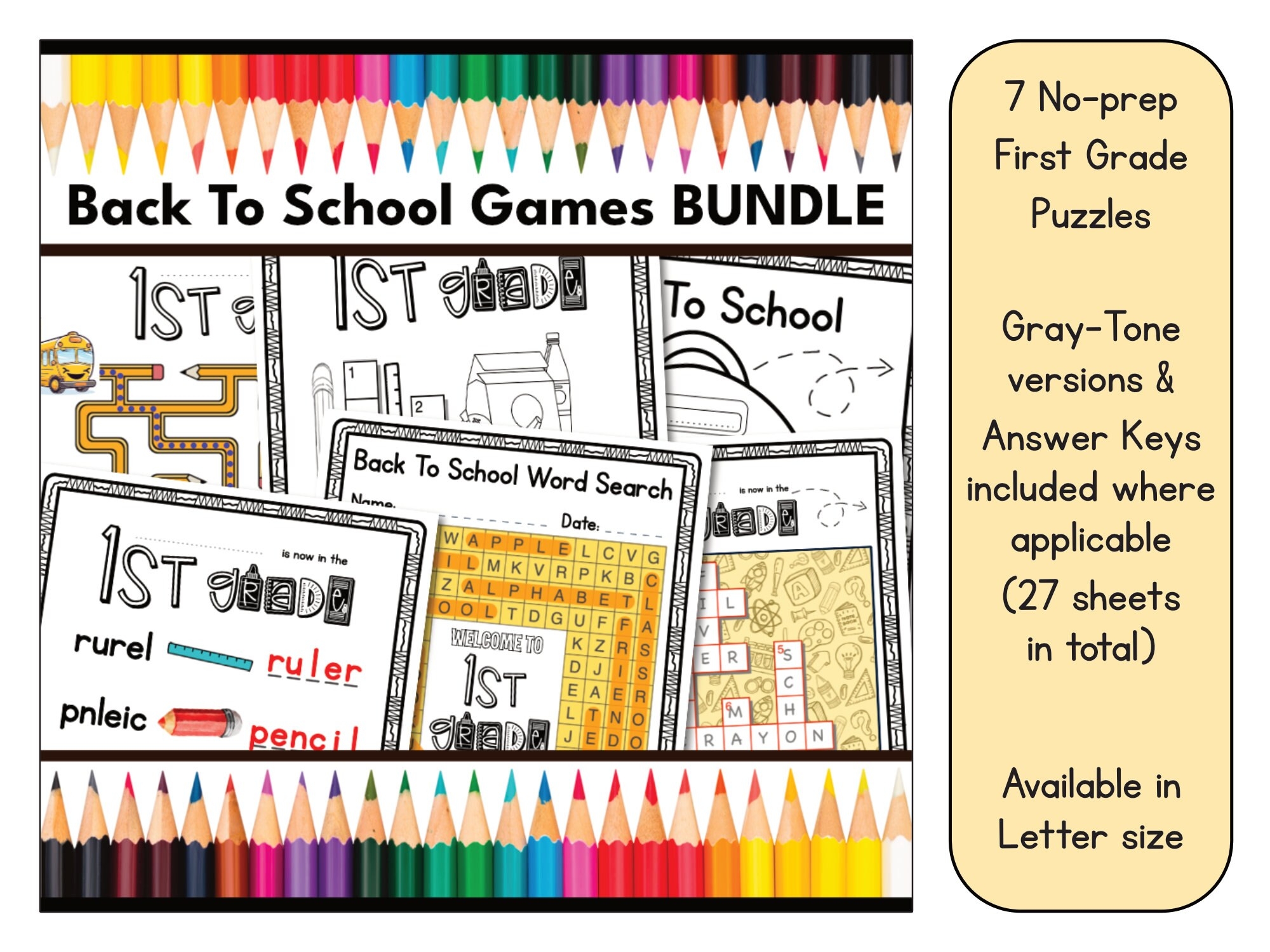 1st Grade Back To School Games BUNDLE 3 X Word Search Puzzles 2 X Crossword Puzzles A Maze And A Word Scramble First Grade US Letter Etsy