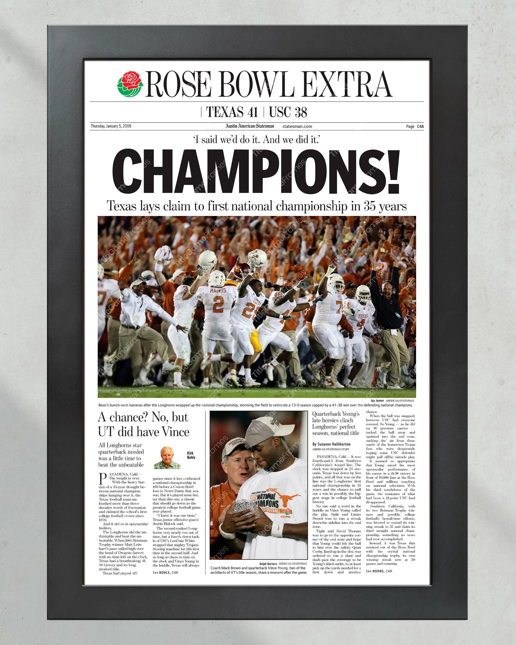 2005 Texas Longhorns NCAA Rose Bowl College Football Champions Framed Front Page Newspaper Print Etsy