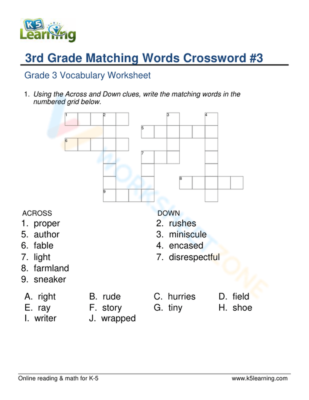 3rd Grade Matching Words Crossword 3 Worksheet Worksheets Library