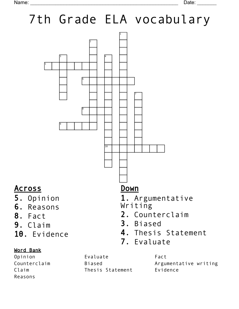 7th Grade ELA Vocabulary Crossword WordMint
