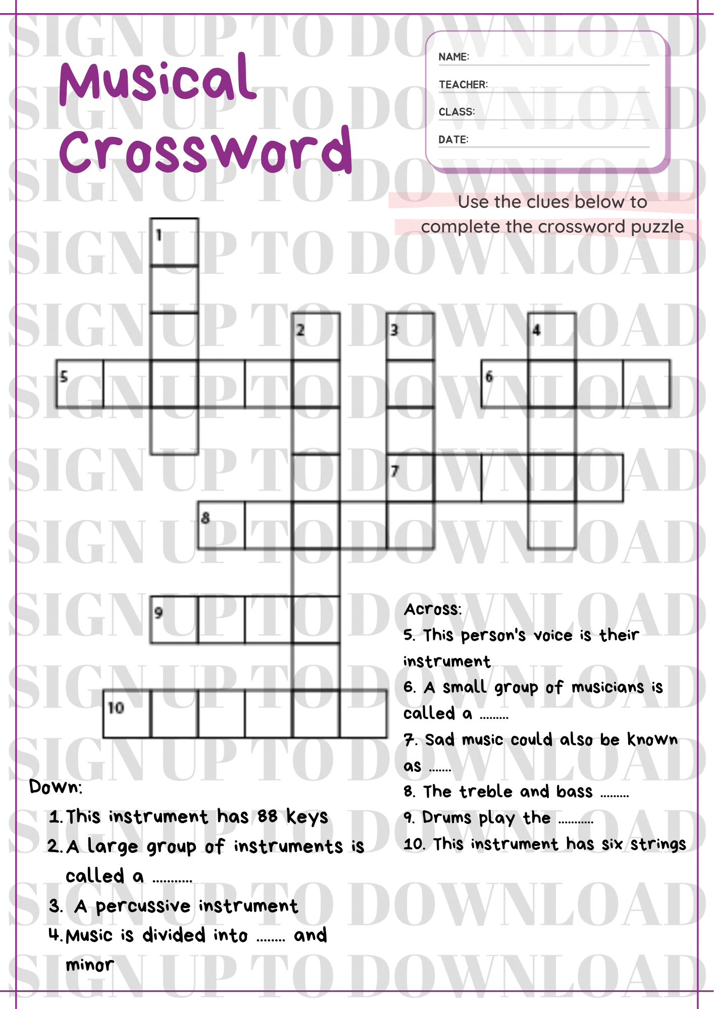 Music Crossword Puzzles Printable