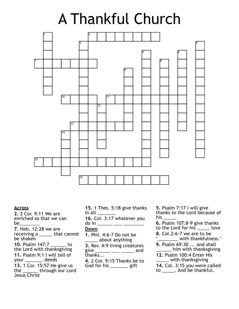 A Thankful Church Crossword WordMint