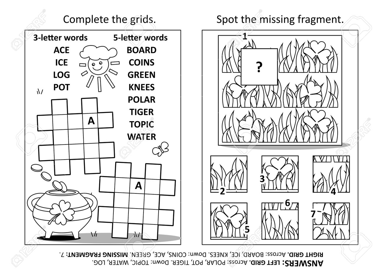 Activity Page With Two Puzzles Fill in Crossword Puzzle Spot The Missing Fragment St Patrick s Day Holiday Motives Black And White Answers Included Royalty Free SVG Cliparts Vectors And Stock Illustration Image 199913343 