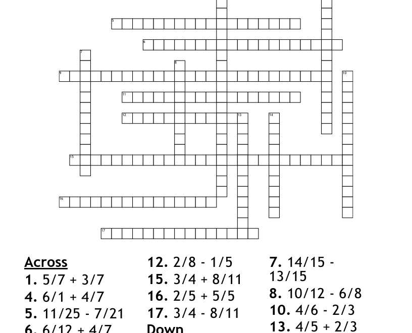 Adding And Subtracting Fraction Crossword By Eliane WordMint