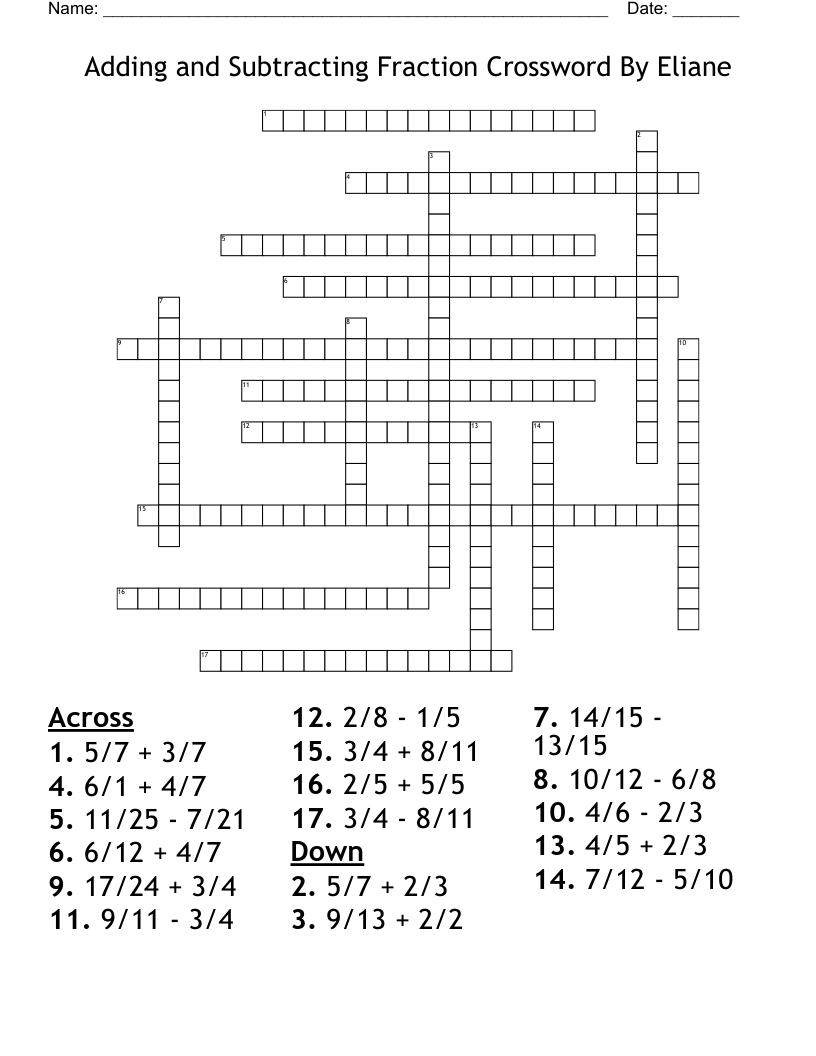 Adding And Subtracting Fraction Crossword By Eliane WordMint Adding And Subtracting Fraction Crossword By Eliane WordMint