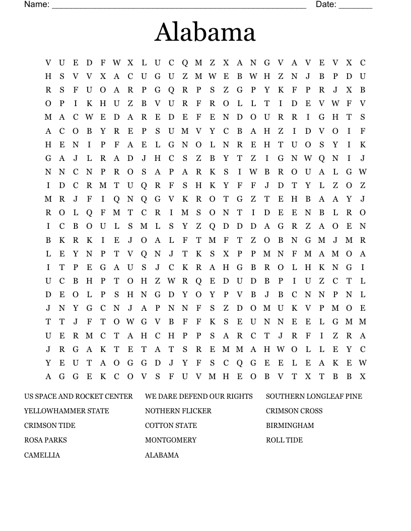 Alabama State Facts Printable Worksheet Crossword Answers