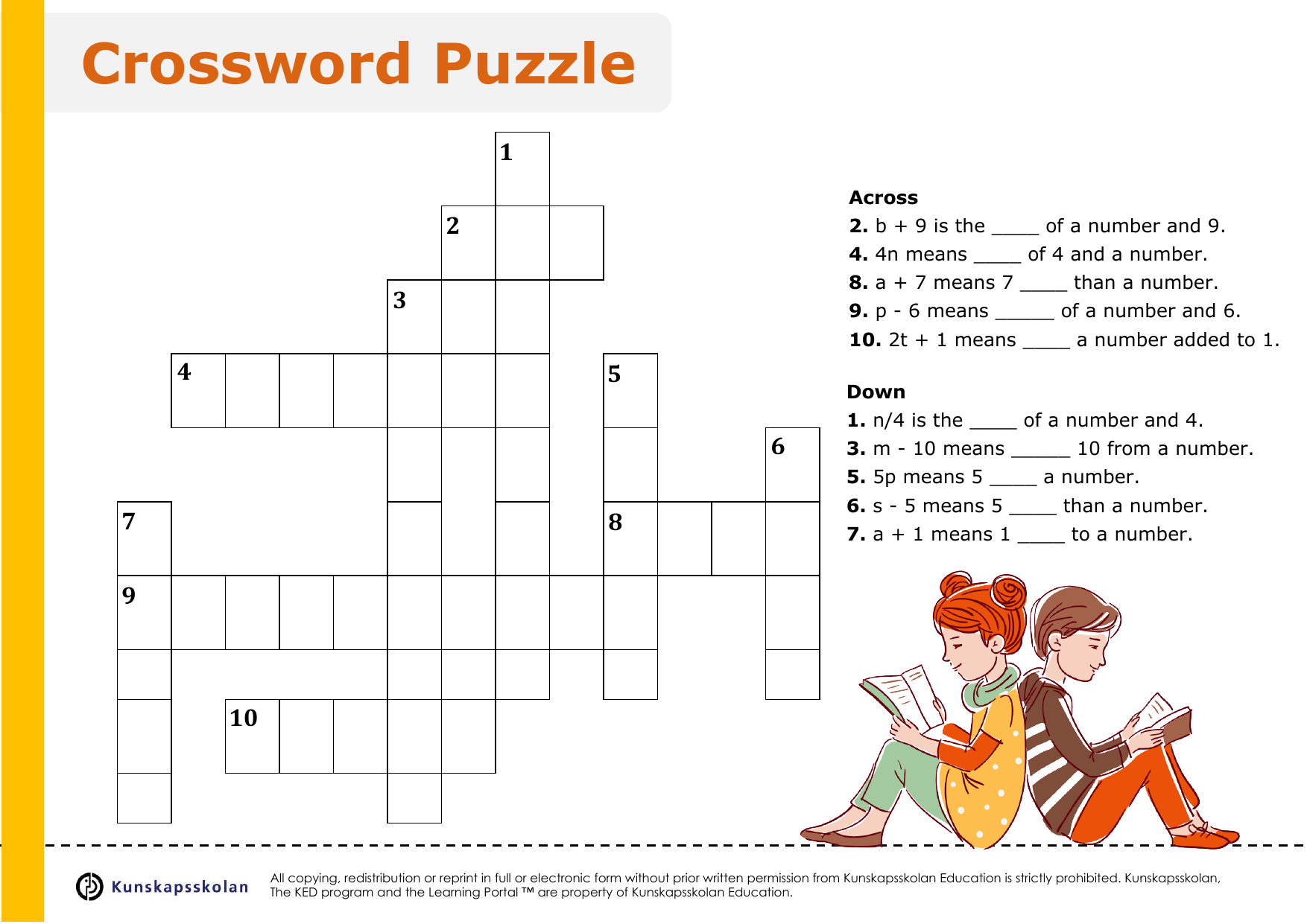Algebraic Expressions Crossword Puzzle