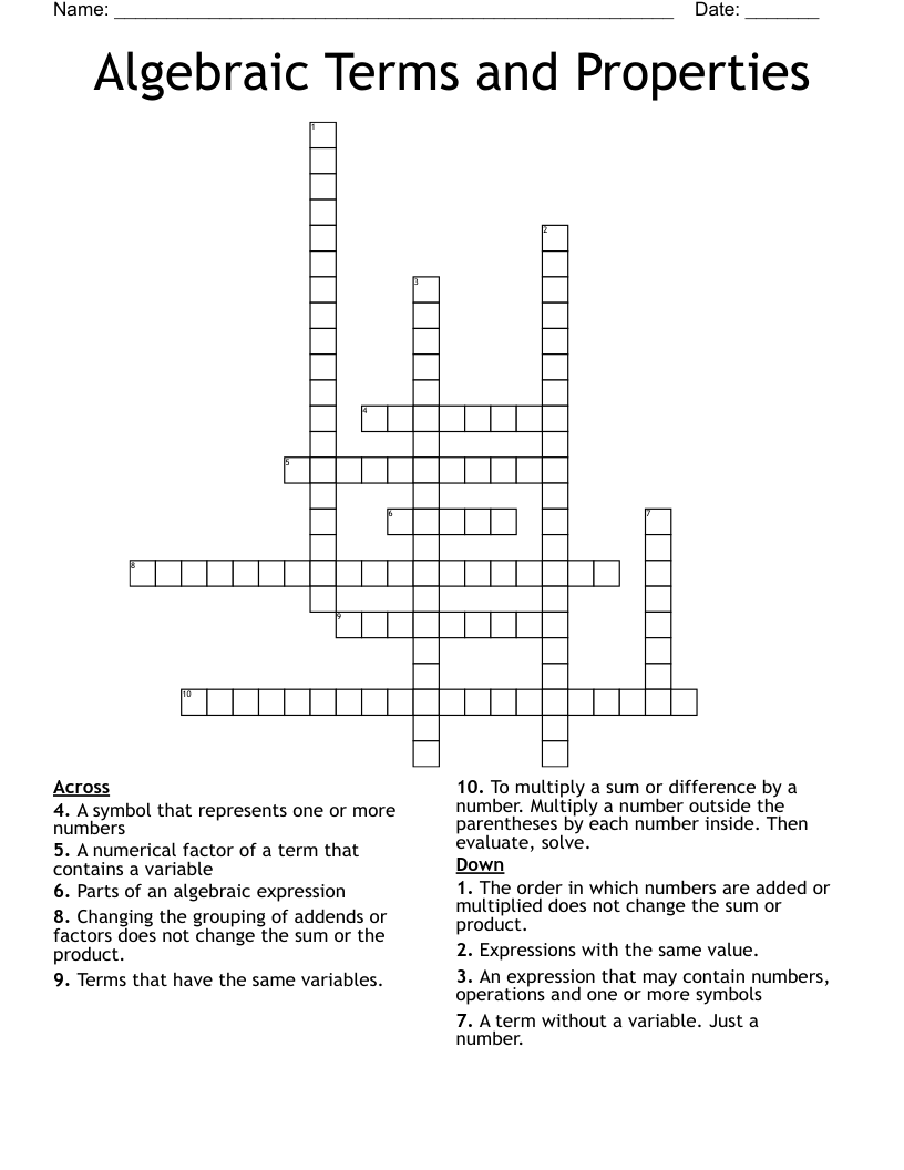 Algebraic Terms And Properties Crossword WordMint
