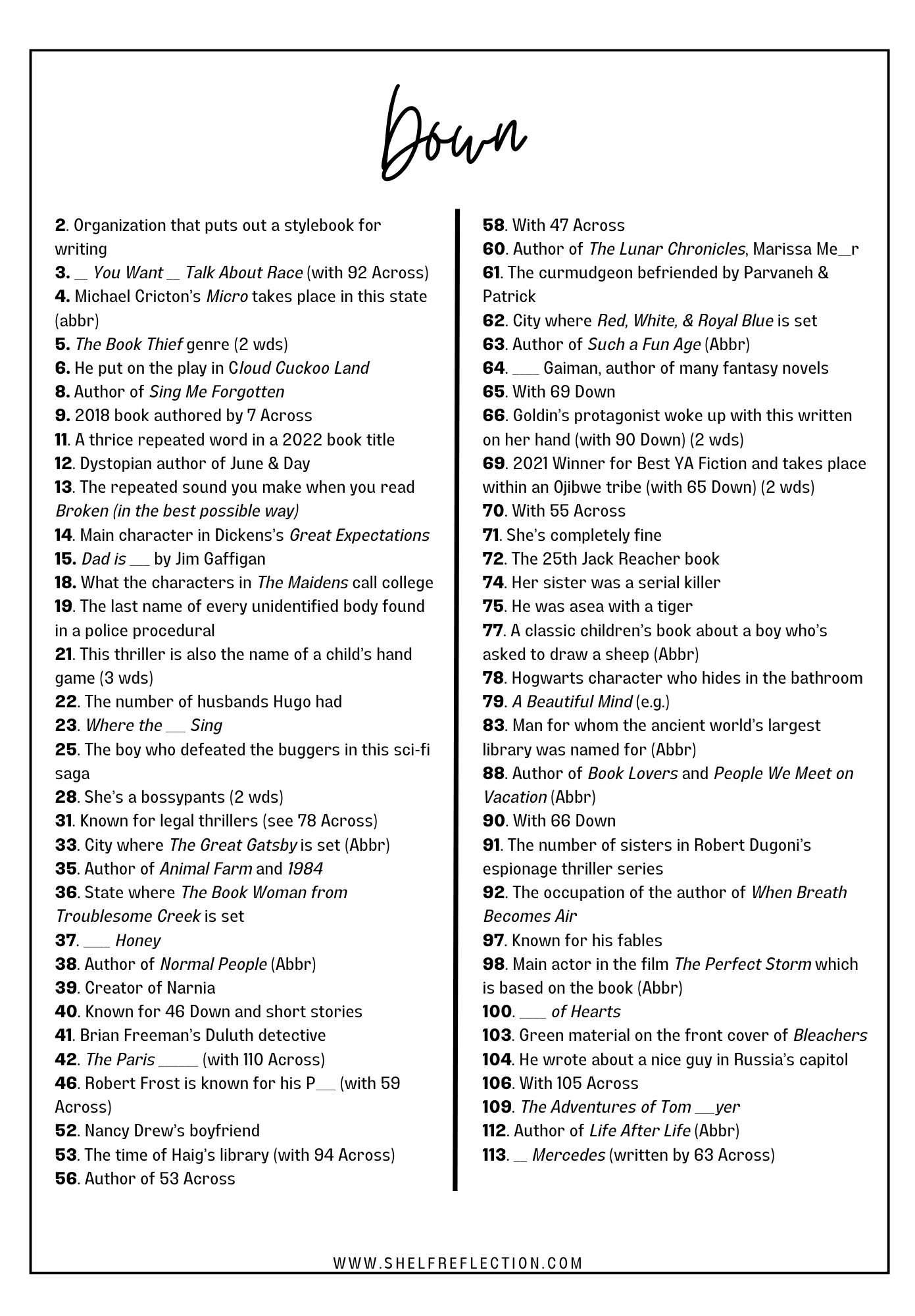 All About Books Crossword Puzzle By Shelf Reflection Crossword Puzzle Shelf Reflection Book Reviews 