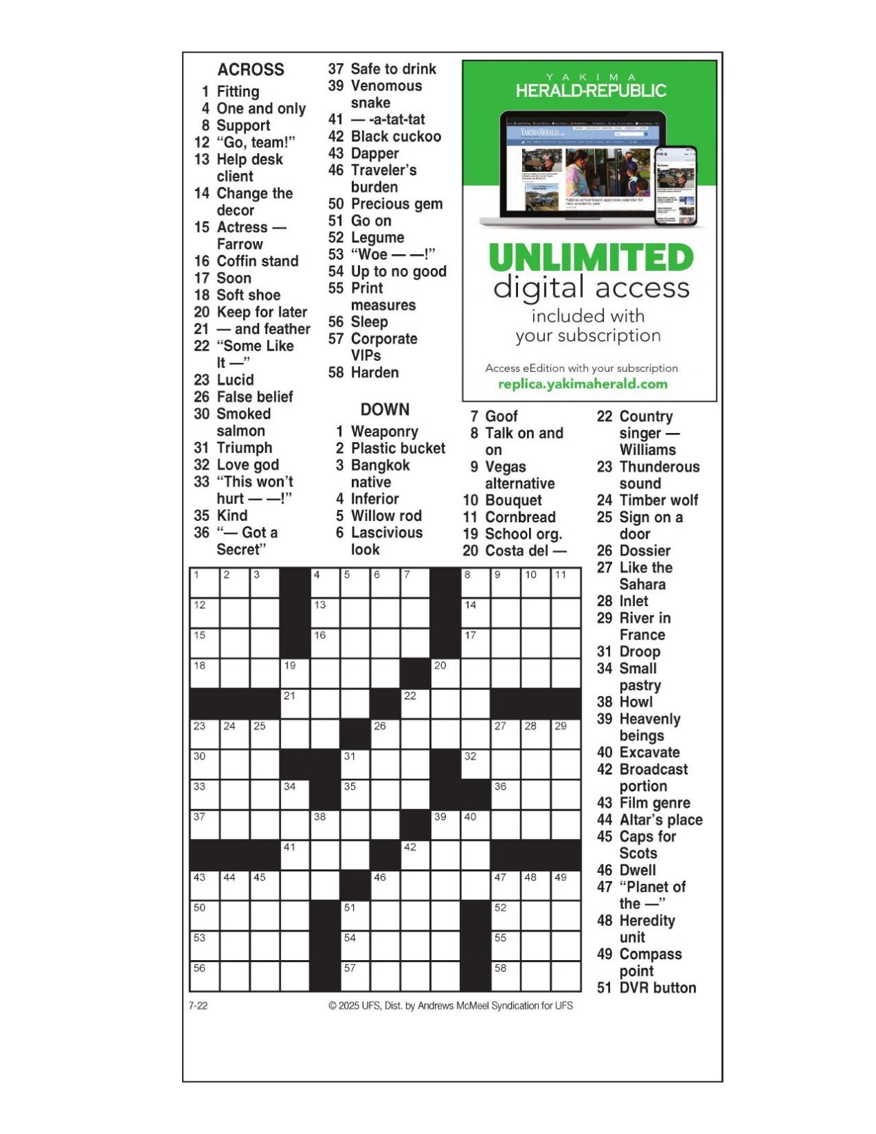 AM Crossword July 22 2025 Crosswords Yakimaherald