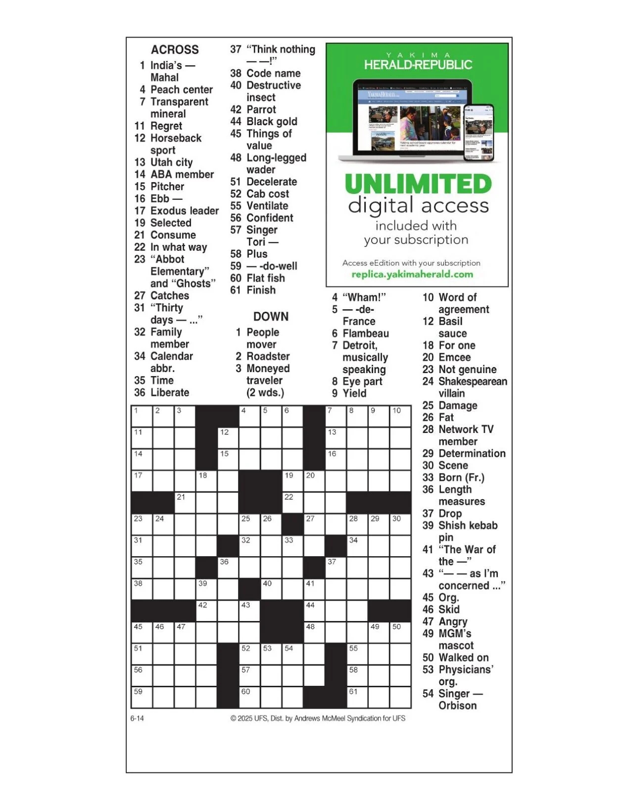 AM Crossword June 14 2025 Crosswords Yakimaherald