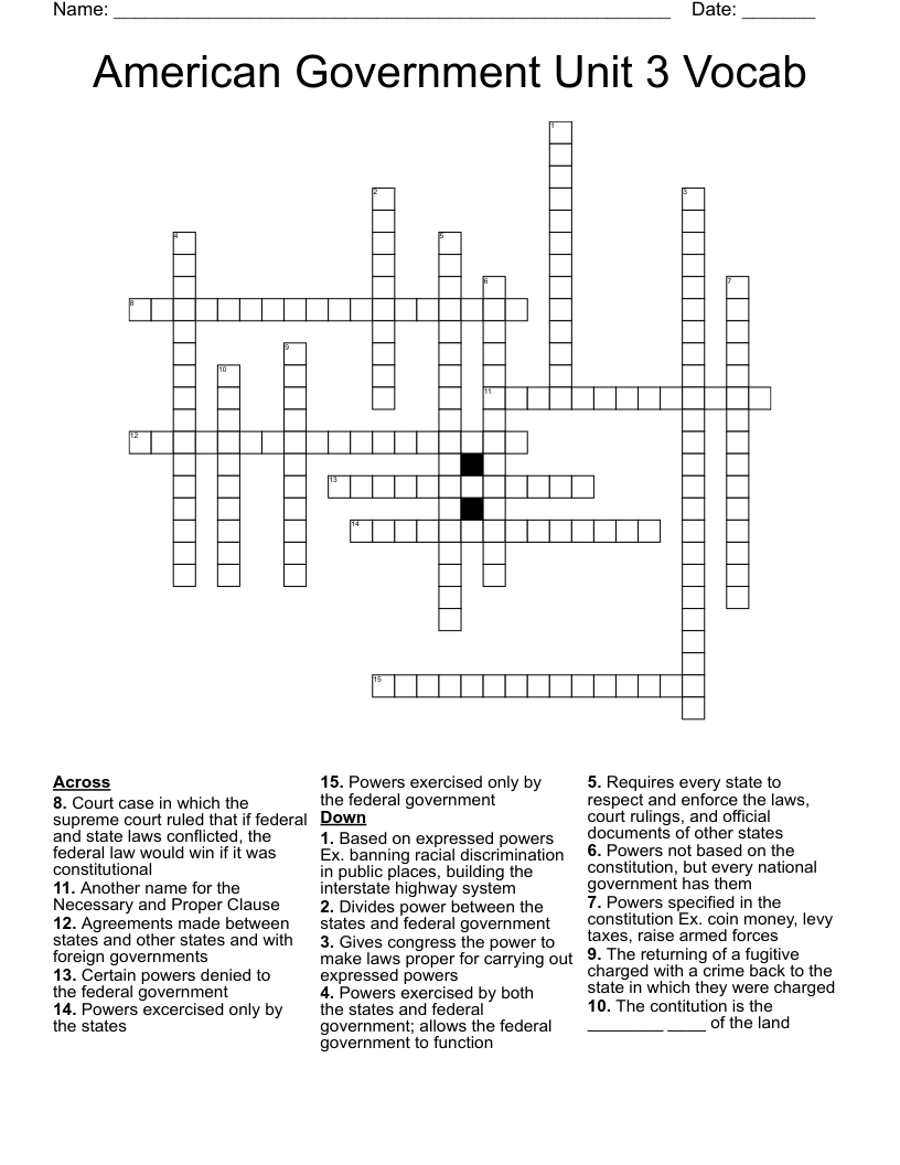 American Government Unit 3 Vocab Crossword WordMint