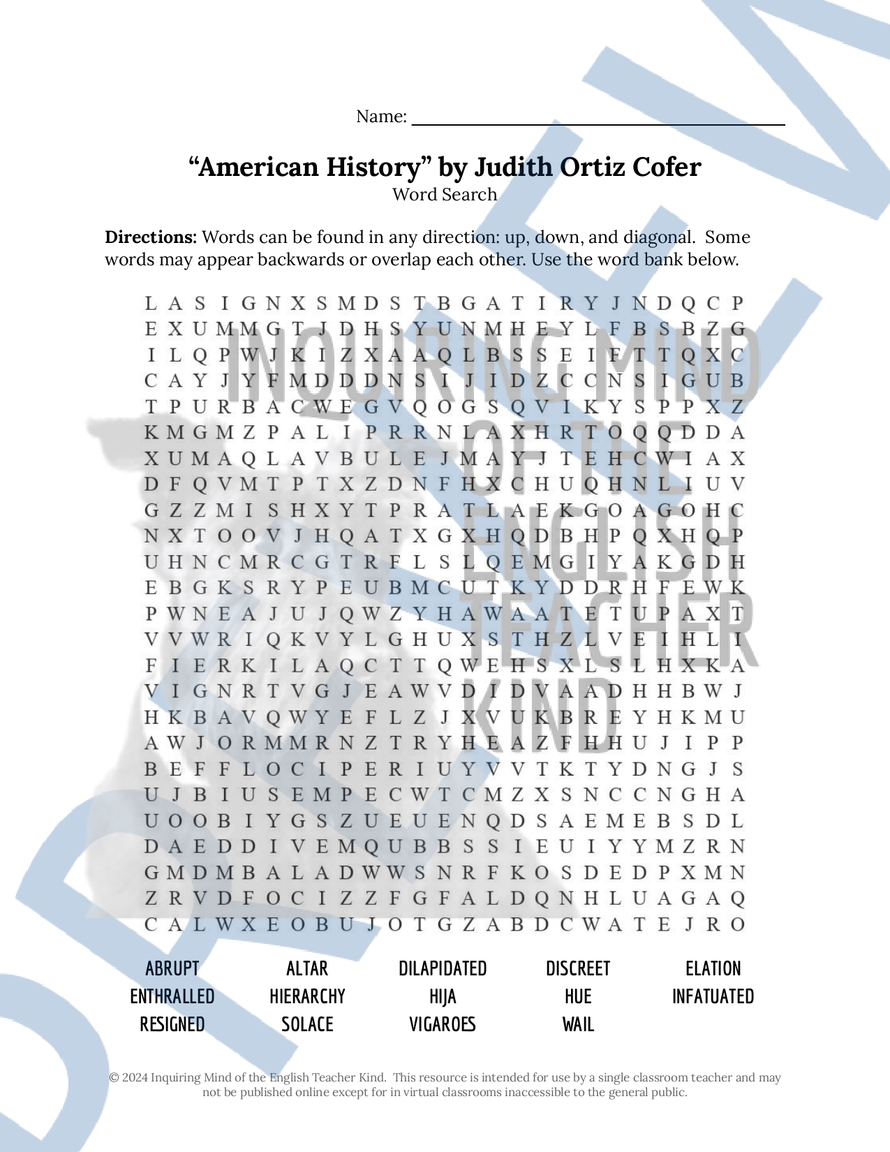 American History By Judith Ortiz Cofer Vocabulary Games For High School Classful