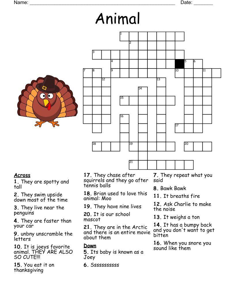 Animal Crossword Puzzle Printable Kids