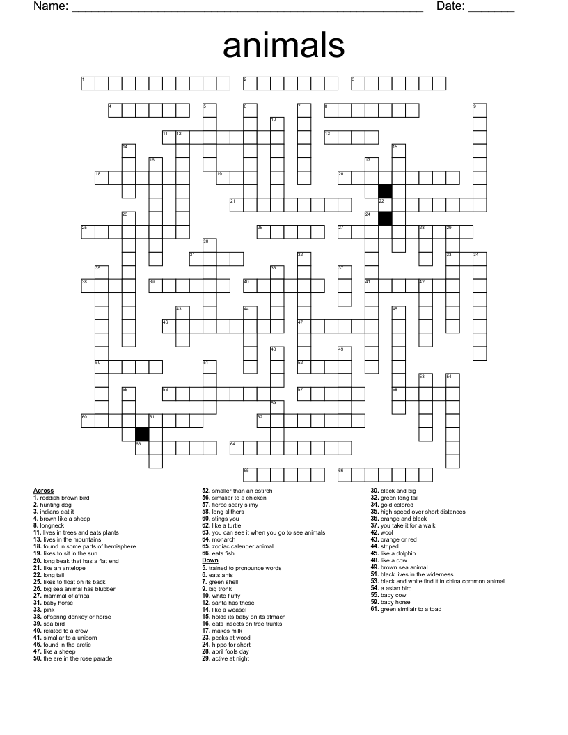 Animals Crossword WordMint
