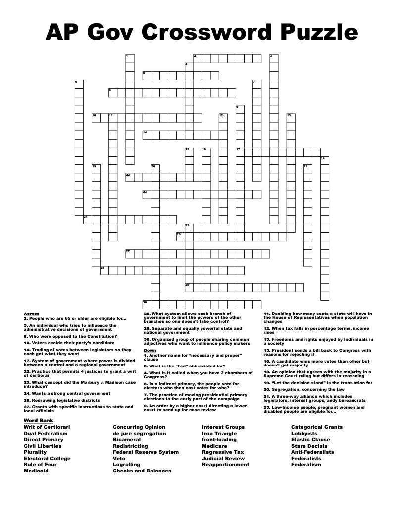 AP Gov Crossword Puzzle WordMint