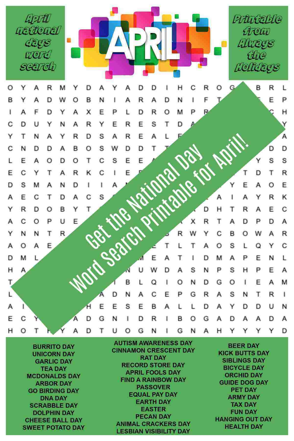April Word Search Printable National Days Word Find Puzzle April Word Search Printable National Days Word Find Puzzle
