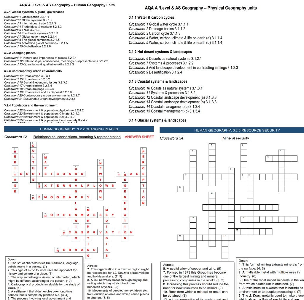 AQA A Level Geography Crosswords Packs Teaching Resources