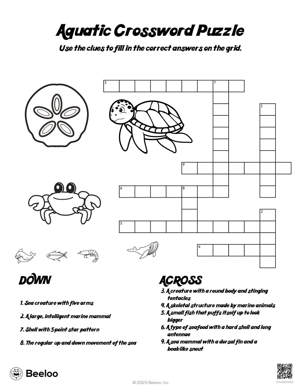 Aquatic Crossword Puzzle Beeloo Printable Crafts And Activities For Kids