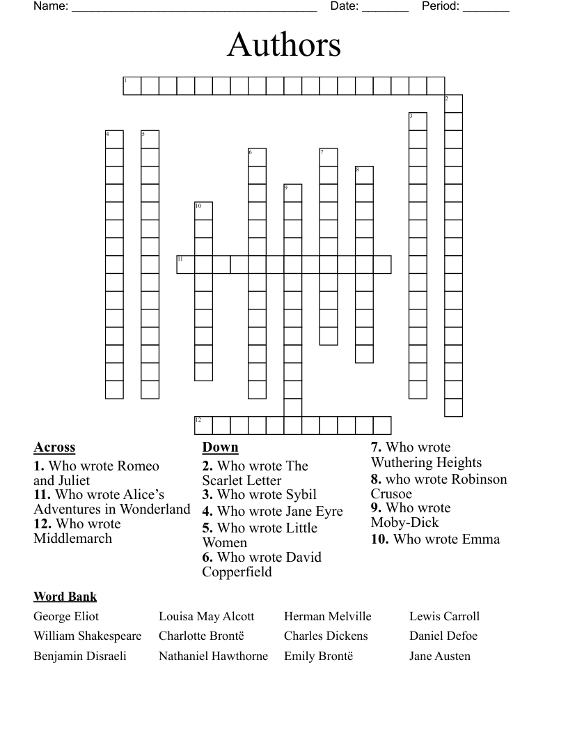 Authors Crossword WordMint