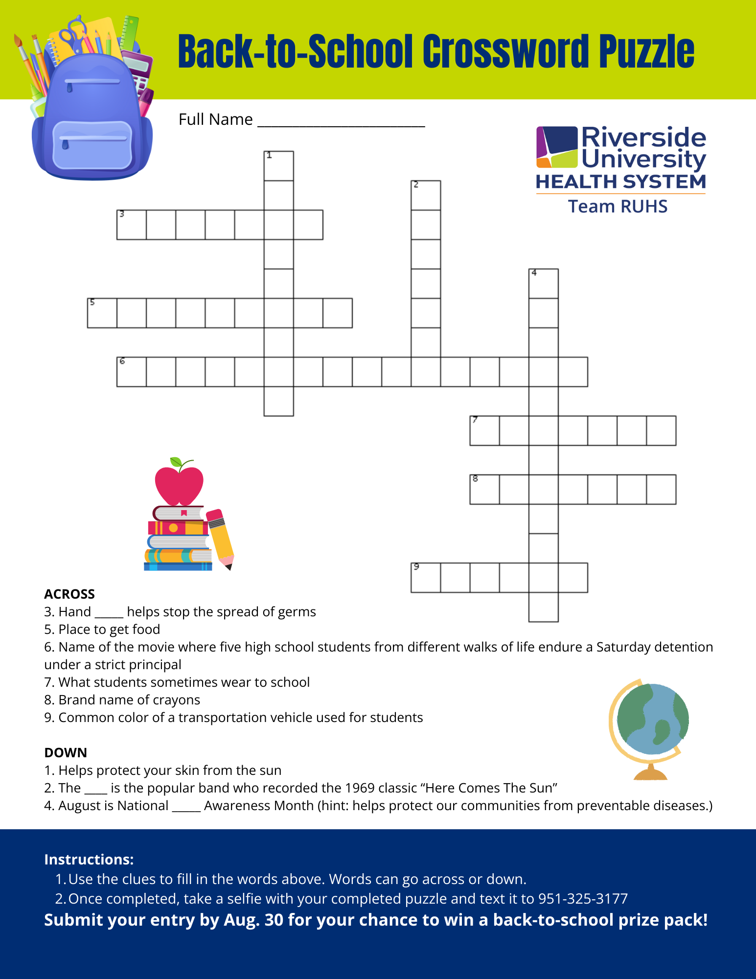 Back to School Crossword Puzzle Team RUHS