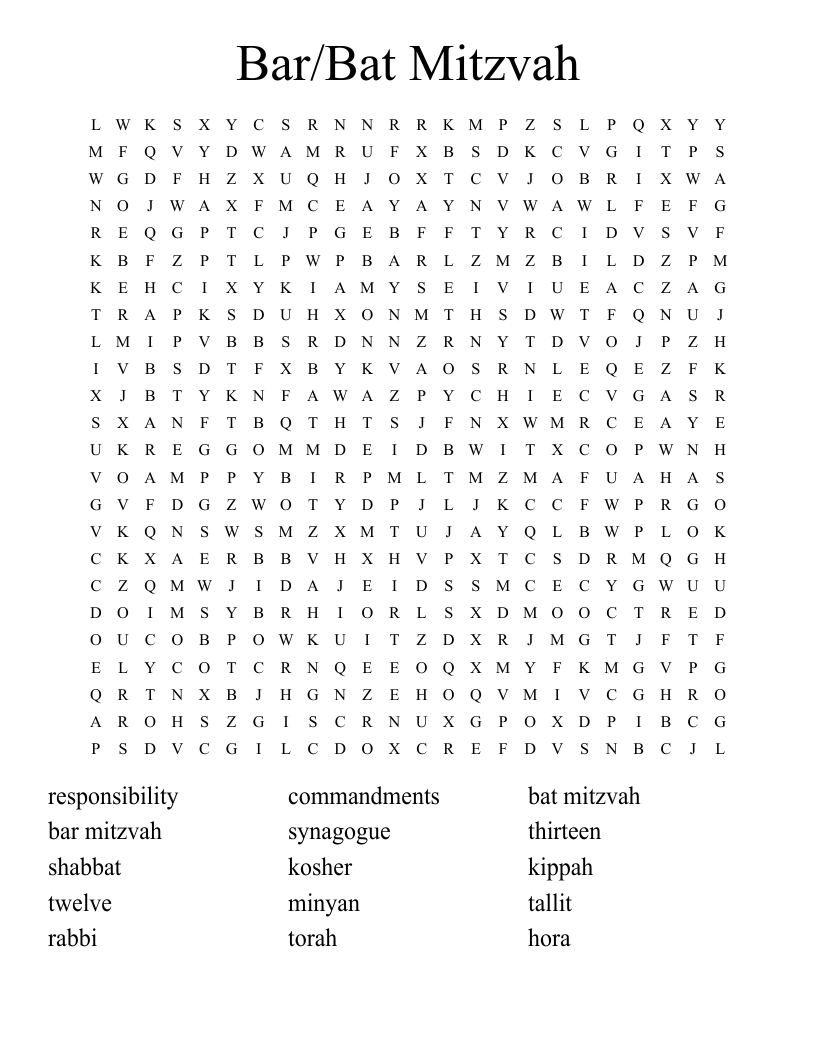 Bar Bat Mitzvah Word Search WordMint