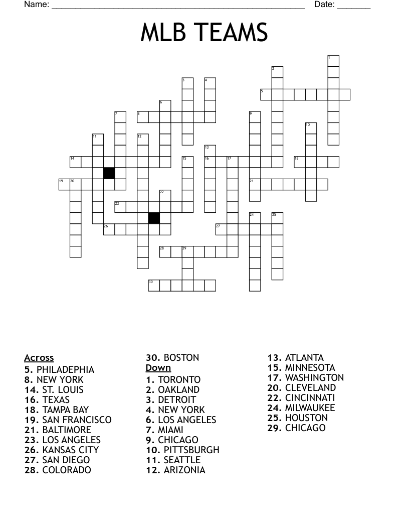 BASEBALL TEAMS Crossword WordMint Worksheets Library