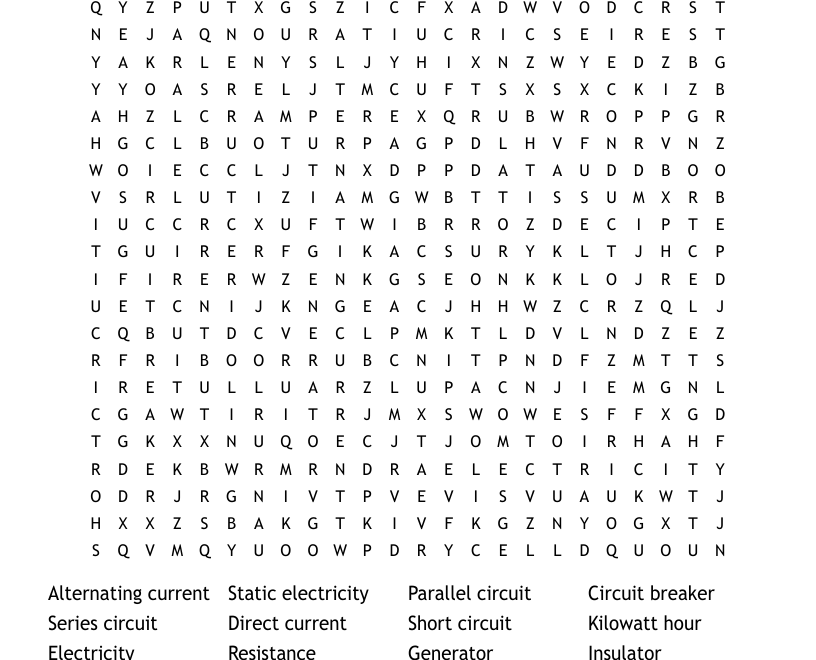 Basics Of Electricity Word Search WordMint