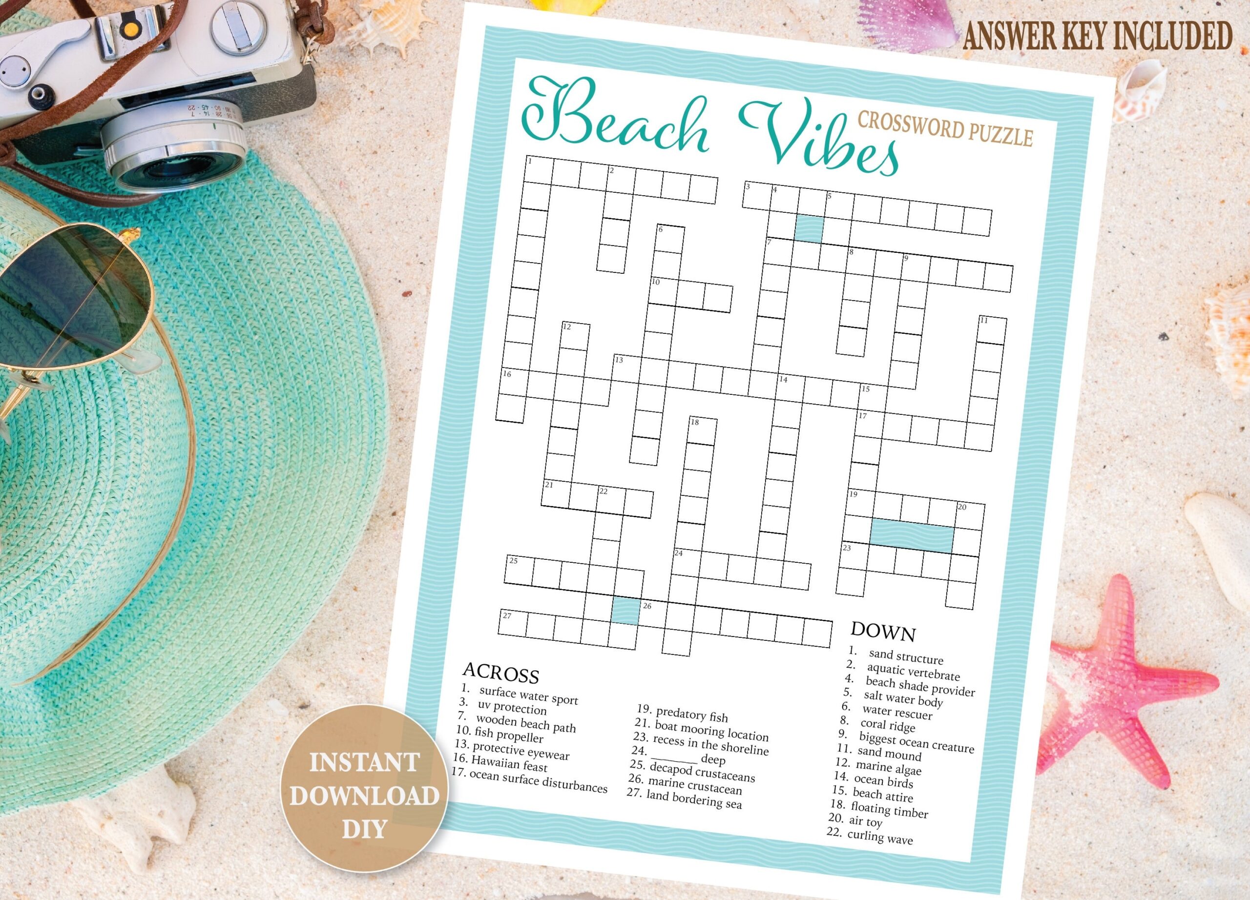 Beach Vibes Summer Crossword Puzzle Printable Game Summer Activity For Classroom Seniors Party Or Office Etsy