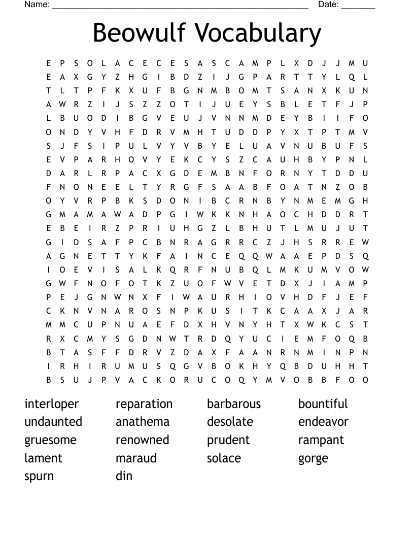 Beowulf Vocabulary Word Search WordMint