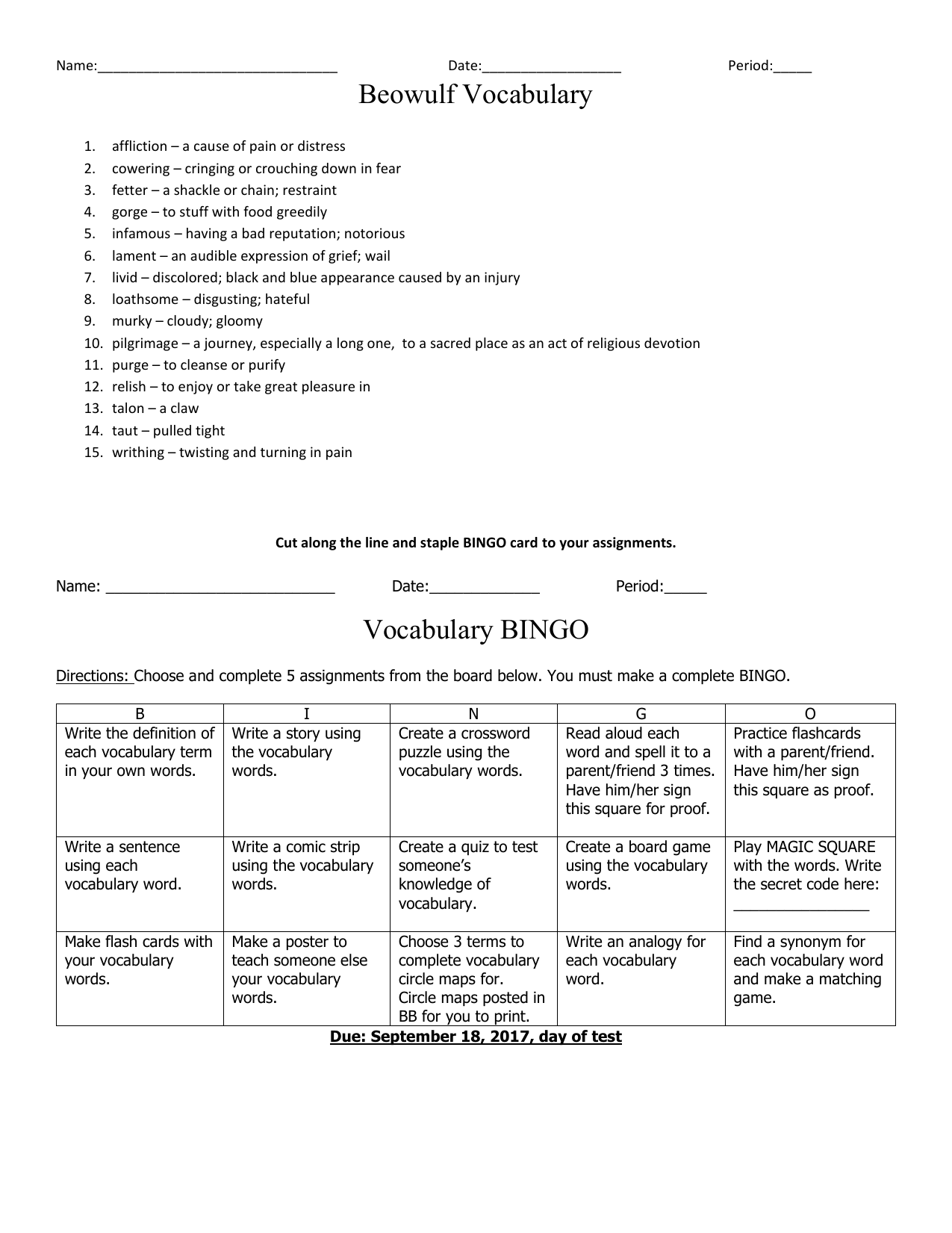 Beowulf Vocabulary Worksheet BINGO Activity