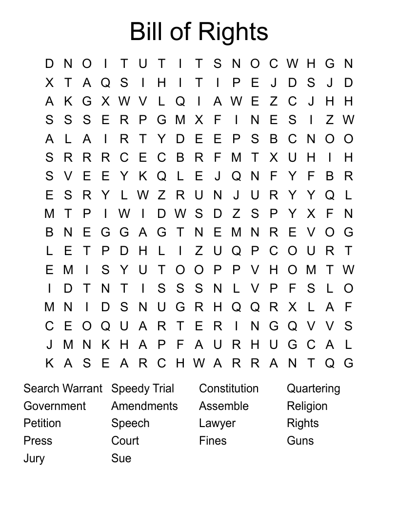 Printable Bill Of Rights Crosswords