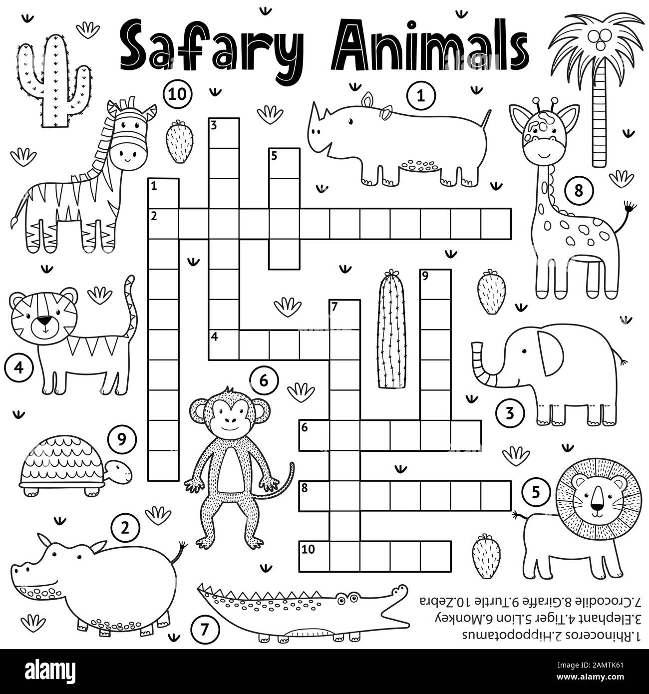 Black And White Crossword Game For Kids With Safari Animals Stock Vector Image Art Alamy