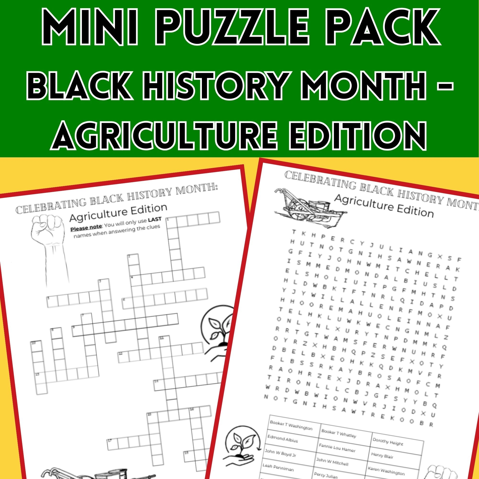 Black History Month Puzzle Pack Crossword Word Search Agriculture Edition Classful