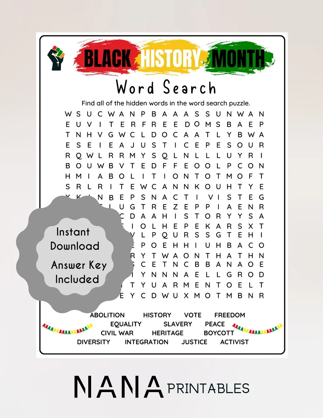 Black History Word Search Game Fun Educational Game Kids Black History Month African American History School Quiz Kids instant Download Etsy