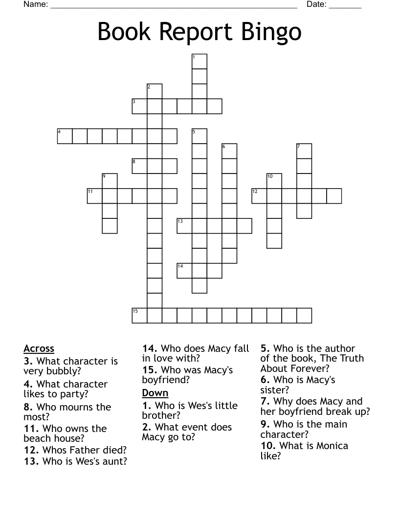 Book Report Bingo Crossword WordMint Book Report Bingo Crossword WordMint