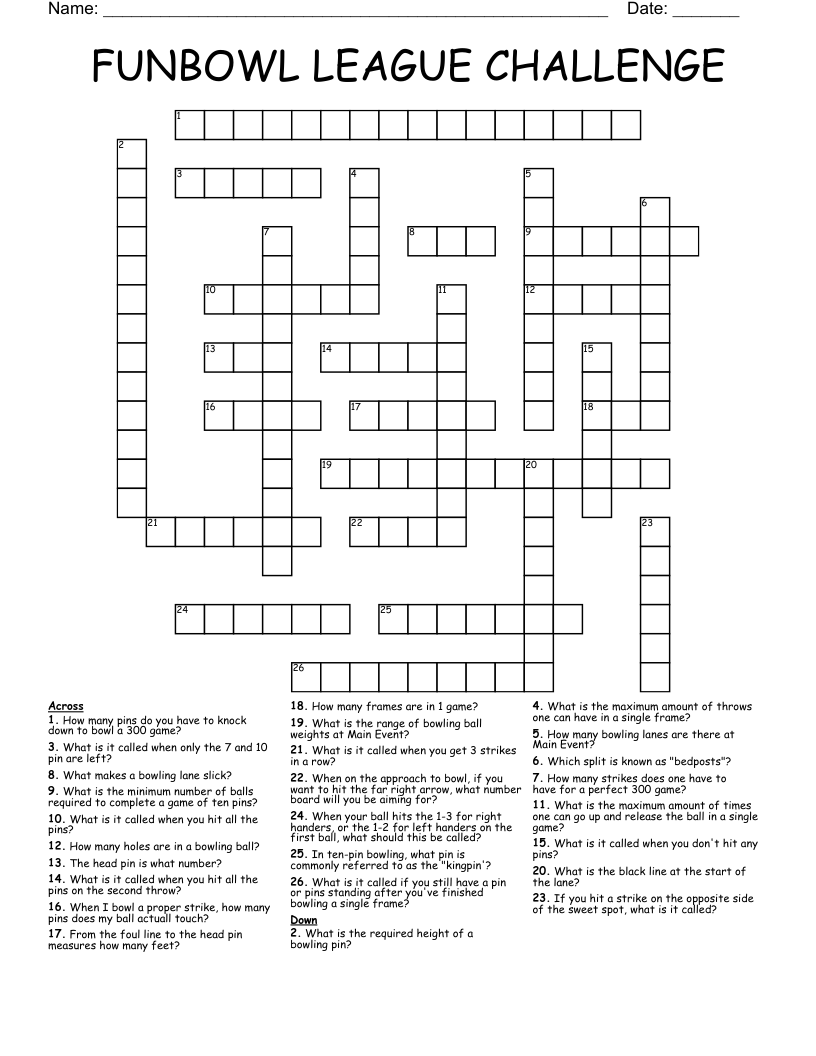 Bowling Basics Crossword Puzzle WordMint