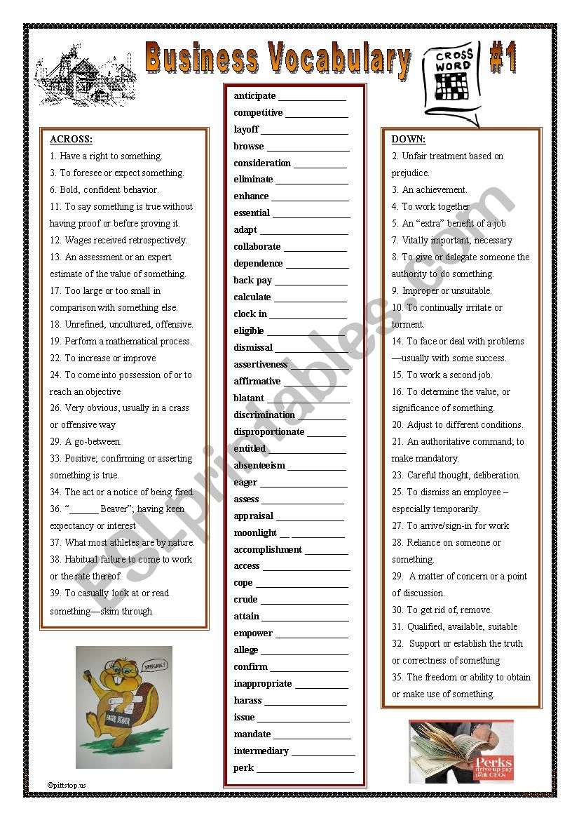 Business Vocabulary Crossword Puzzle 1 with Key ESL Worksheet By Douglas