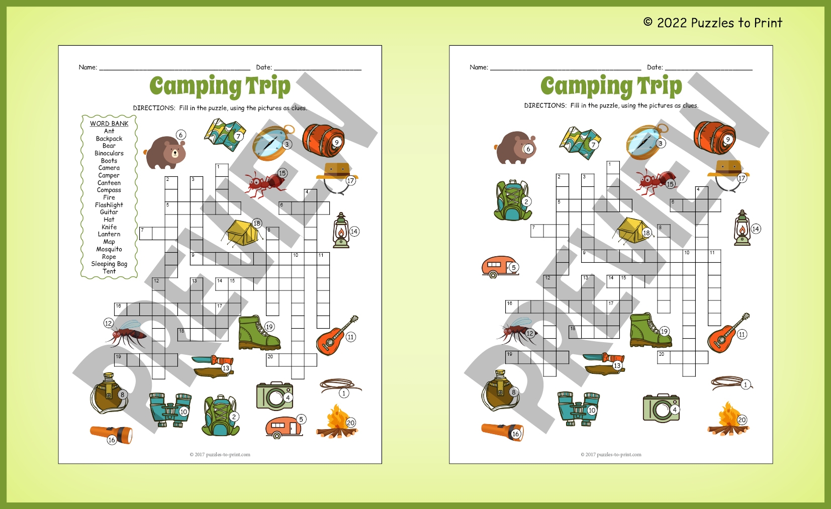 CAMPING DAY THEME Crossword Puzzle Worksheet Activity Made By Teachers