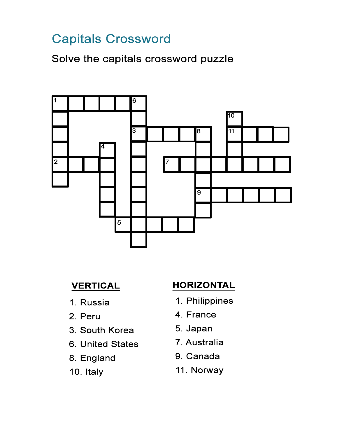 Capital Cities Quiz And Crossword Puzzle ALL ESL Capital Cities Quiz And Crossword Puzzle ALL ESL