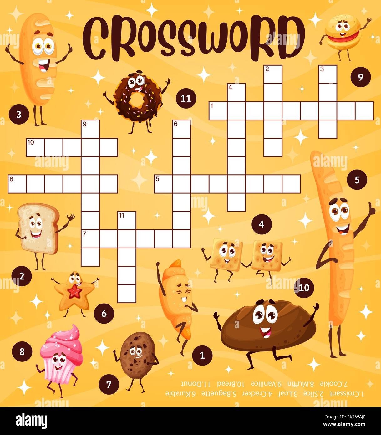 Cartoon Bakery And Dessert Characters Crossword Puzzle Game Vector Grid Find A Word Kids Education Worksheet With Funny Sweets Bakery Bread And Croissant With Cupcake Chocolate Donut And Cookies Stock Vector Image