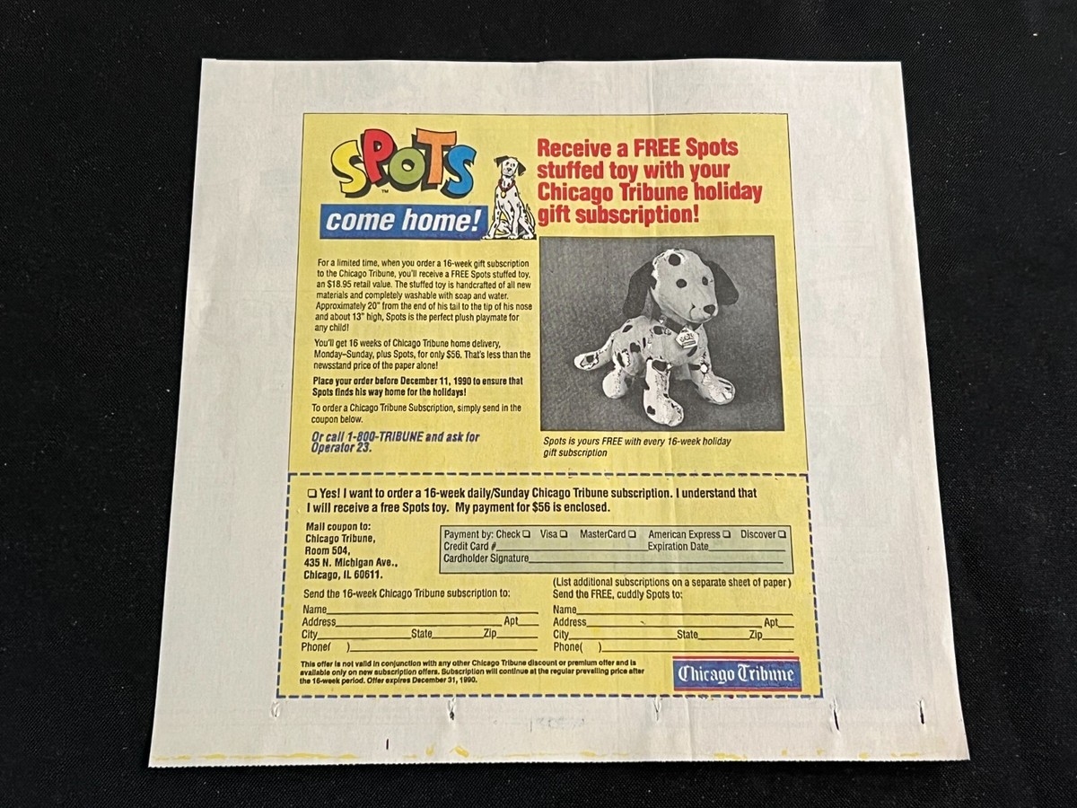 Chicago Tribune Gift Subscription Stuffed SPOTS DALMATIAN Promo 1990 EBay