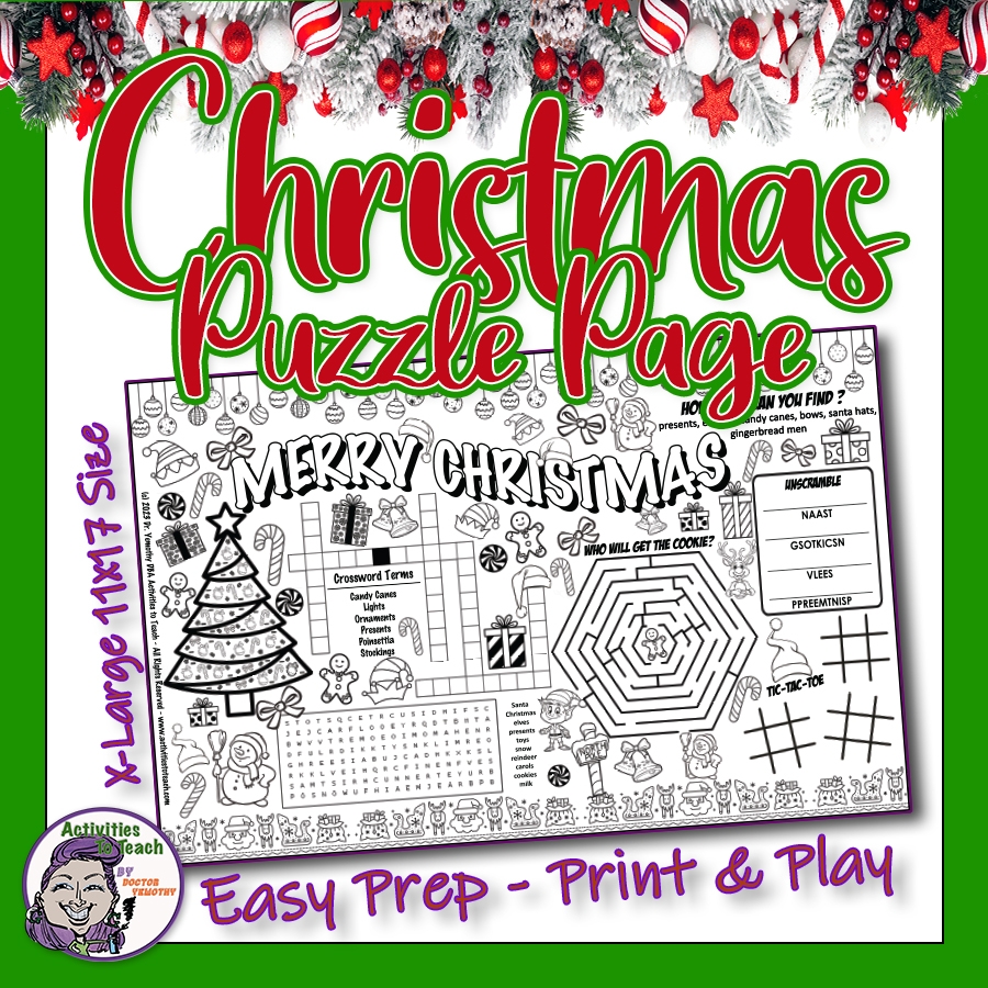 Christmas Mixed Puzzle Mazes Coloring Crossword Wordsearch Activity Page Free Classful