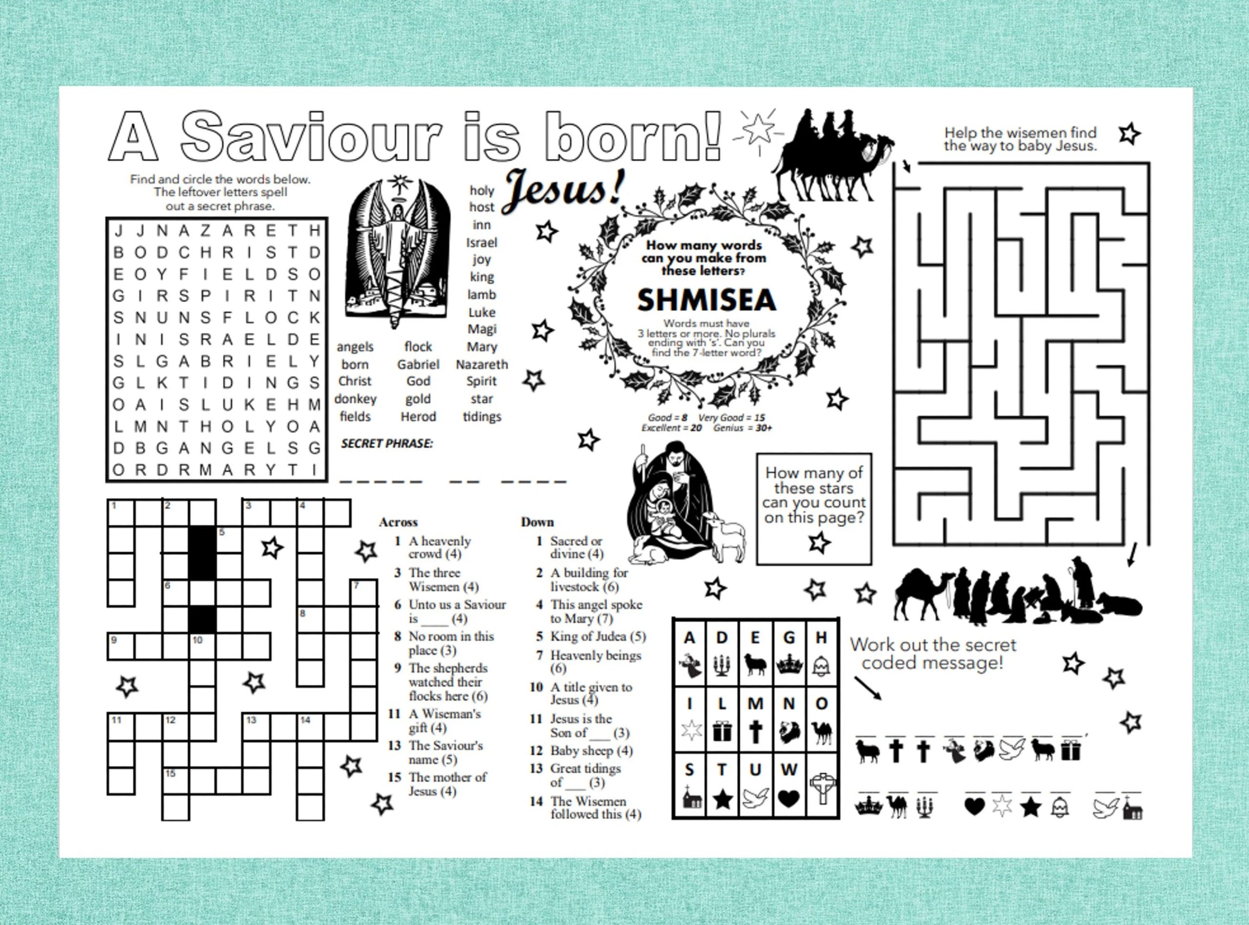 CHRISTMAS Nativity Puzzle Placemat PDF Crossword Puzzles Activity Sheet Puzzle Sheet Puzzle Place Mat Printable Christmas Puzzles Etsy