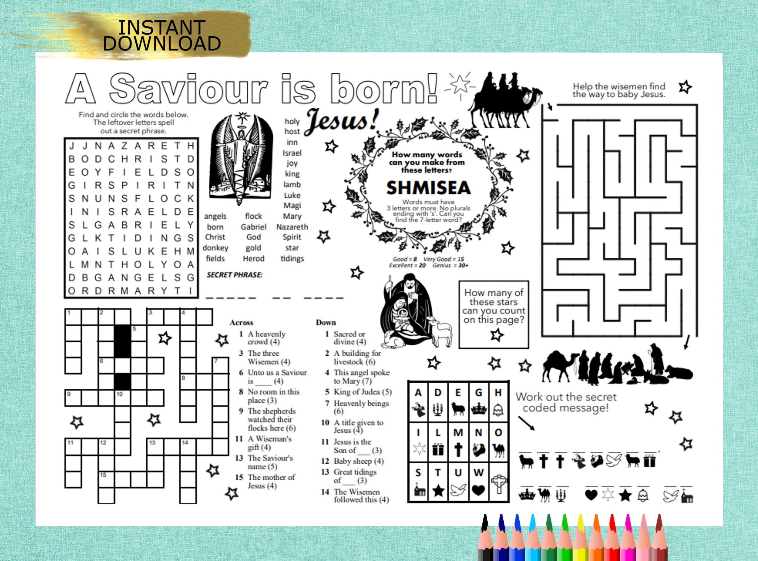 CHRISTMAS Nativity Puzzle Placemat PDF Crossword Puzzles Activity Sheet Puzzle Sheet Puzzle Place Mat Printable Christmas Puzzles Etsy
