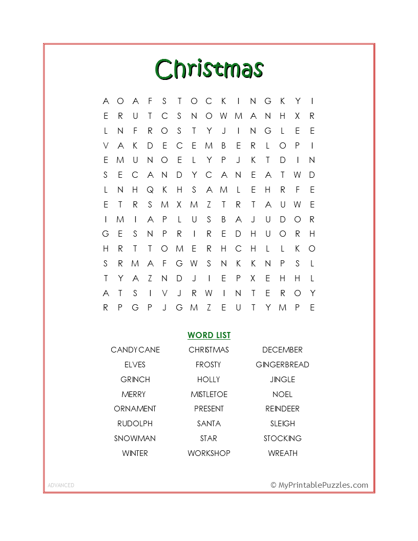 Christmas Word Search Advanced My Printable Puzzles Christmas Word Search Advanced My Printable Puzzles