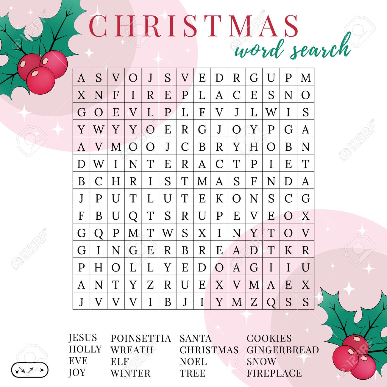 Christmas Word Search Puzzle Fun Colorful Printable Activity Winter Game Cute Holiday Party Game DIY Template Find 16 Words Educational Crossword For Learning English Suitable For Social Media Royalty Free SVG Cliparts 