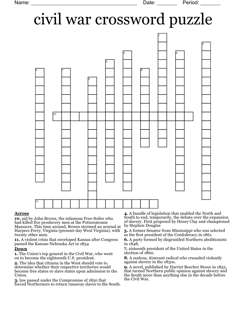 Civil War Crossword Puzzle WordMint
