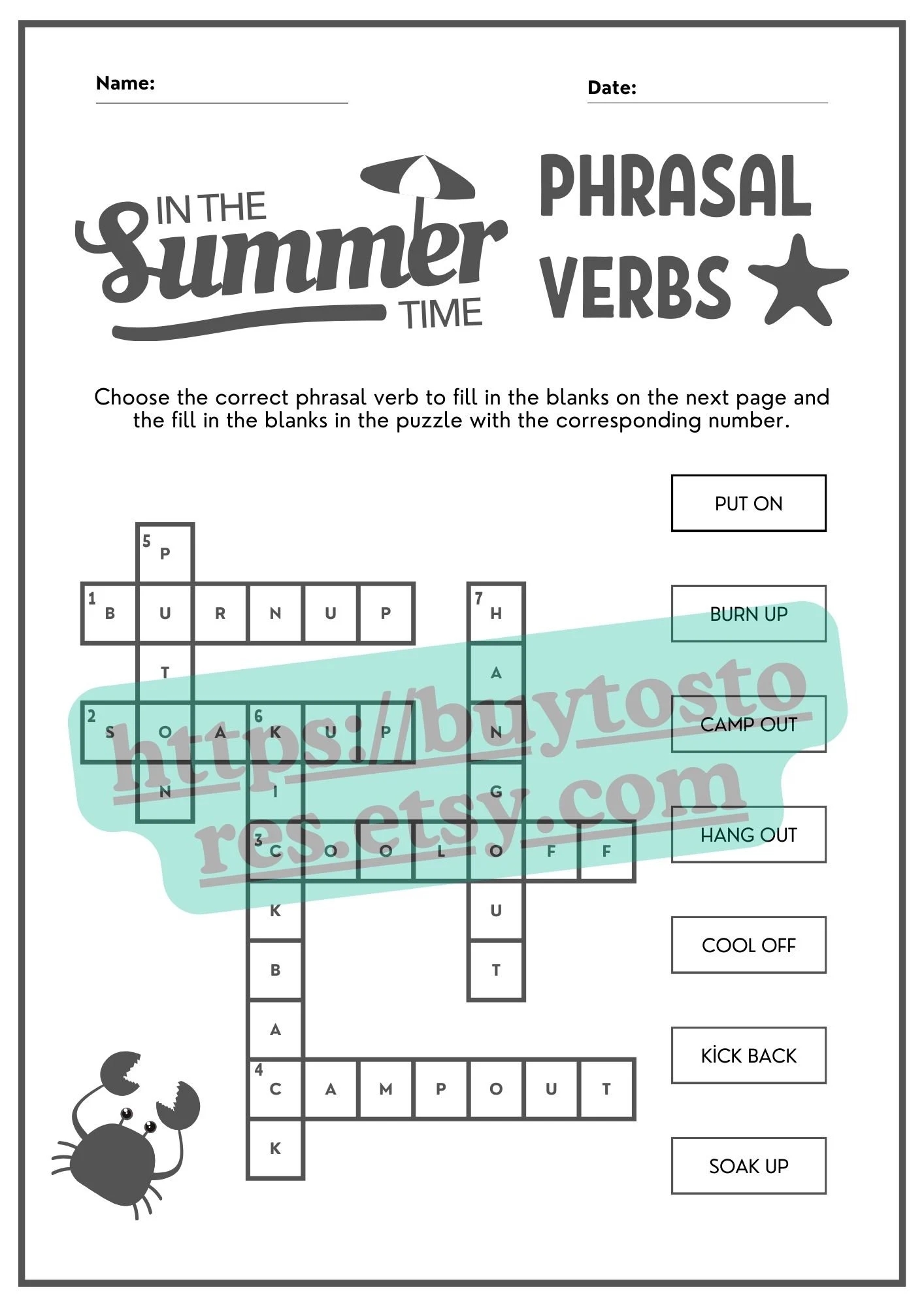 Grammar Crossword Printable